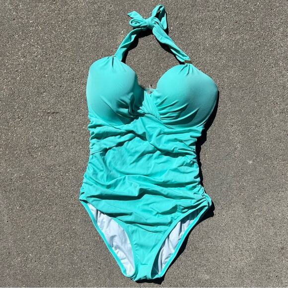 Victoria’s Secret 8D Teal Ruched One Piece Halter Swimsuit - Picture 1 of 7